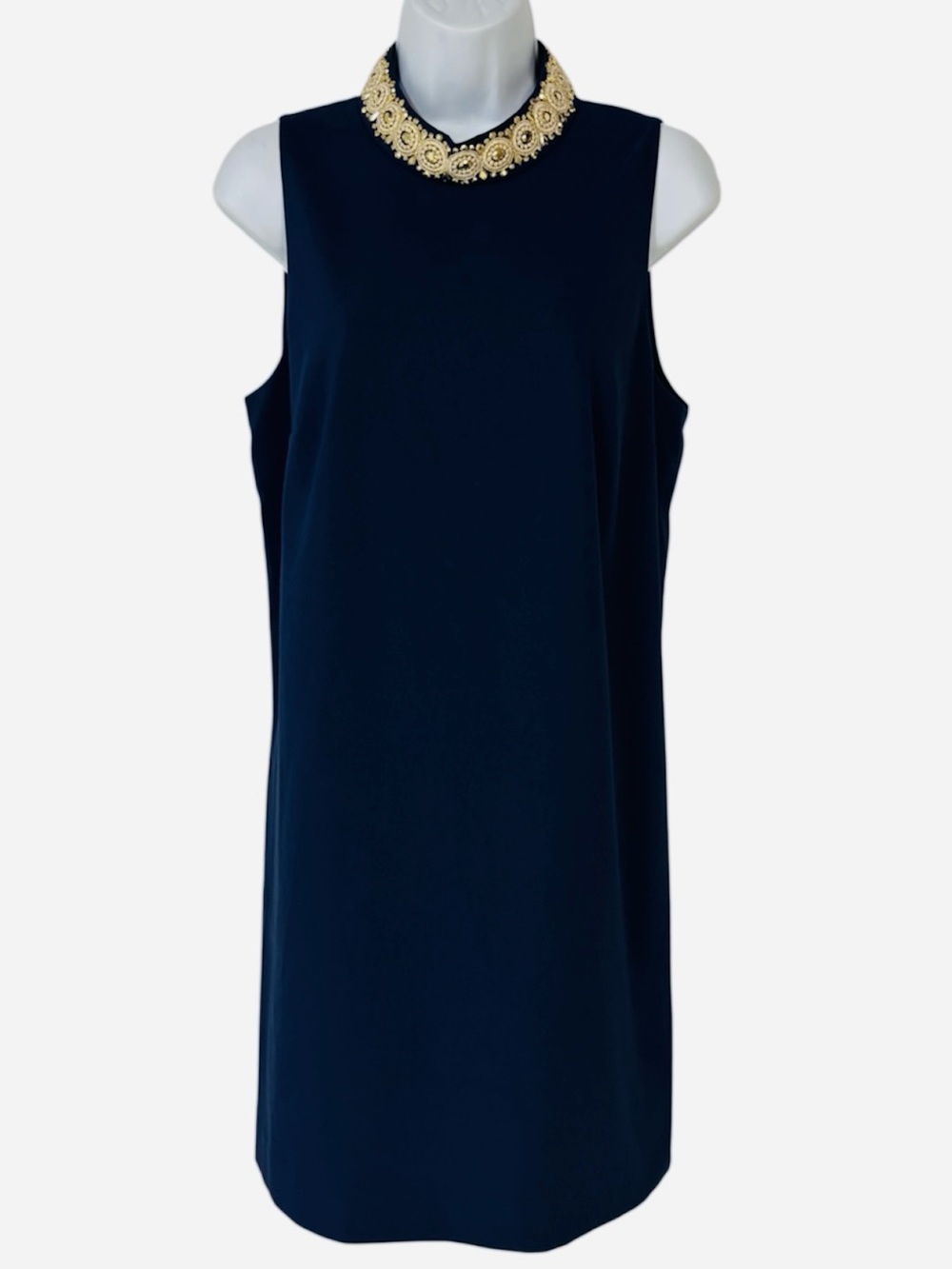 LILLY PULITZER Sleeveless Navy Shift Dress with Gold Embellished Collar, Sz 10